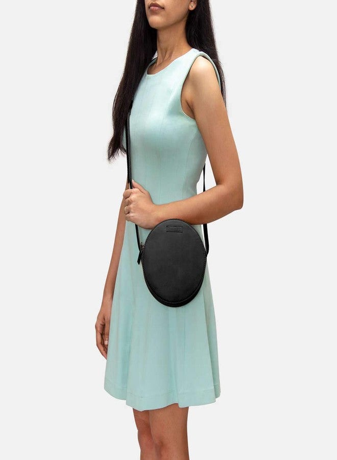 DailyObjects Orbis Round Sling Crossbody Bag For Women| Stylish Solid Black Faux Leather Purse With Slip Pocket & 2 Compartments Inside| Zip Closure & Adjustable Strap| Storage Space For Essentials - Image 3